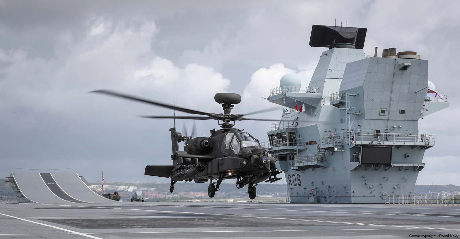 hms queen elizabeth r-08 aircraft carrier royal navy 76 ah-64 apache helicopter