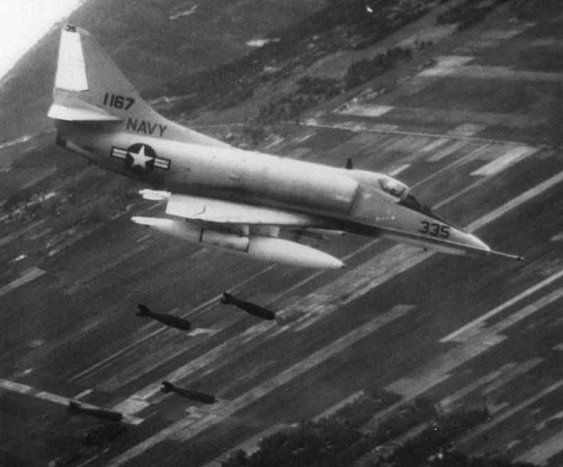attack squadron va-23 black knights a-4e skyhawk dropping bombs over vietnam cvw-2 uss midway cva 41
