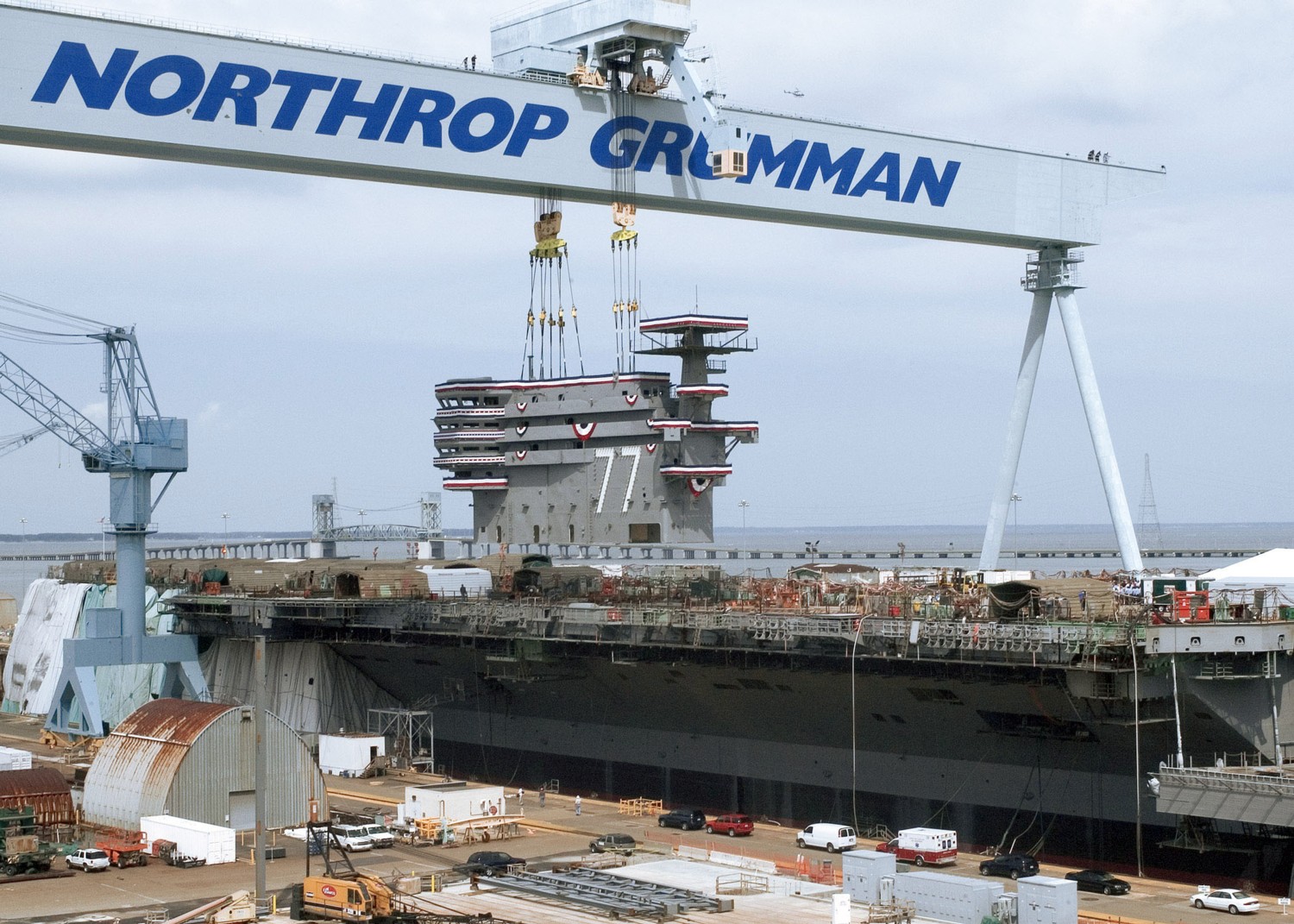 cvn-77 uss george h w bush aircraft carrier placing island in position newport news shipbuilding 2006 82