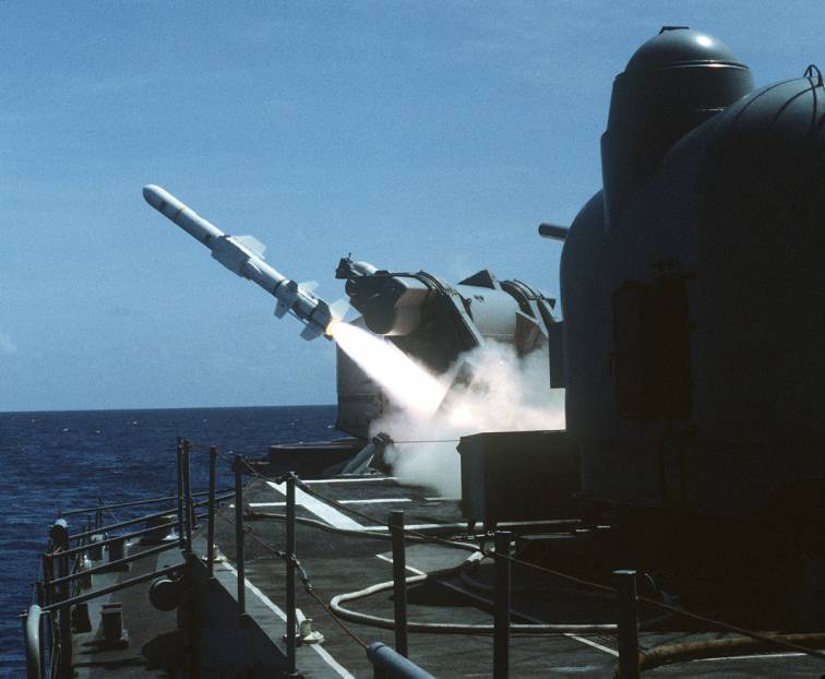 USS Lawrence DDG-4 fires a RGM-84 Harpoon missile