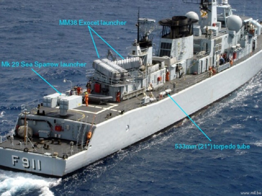 wielingen class frigate belgian navy armed forces mk-29 rim-7 sea sparrow sam launcher mm38 exocet ssm missile asw rocket 03 armament