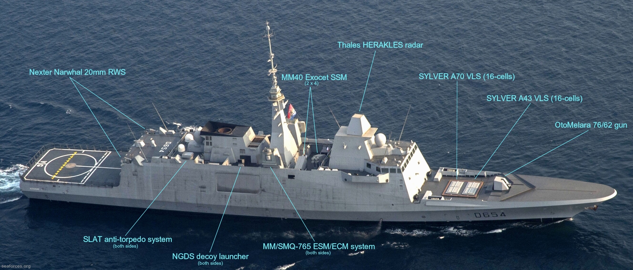 aquitaine fremm class fregate frigate french navy marine nationale 02b armament oto melara 76/62 gun sylver a43 a70 vls aster-15 sam missile mdcn exocet ssm