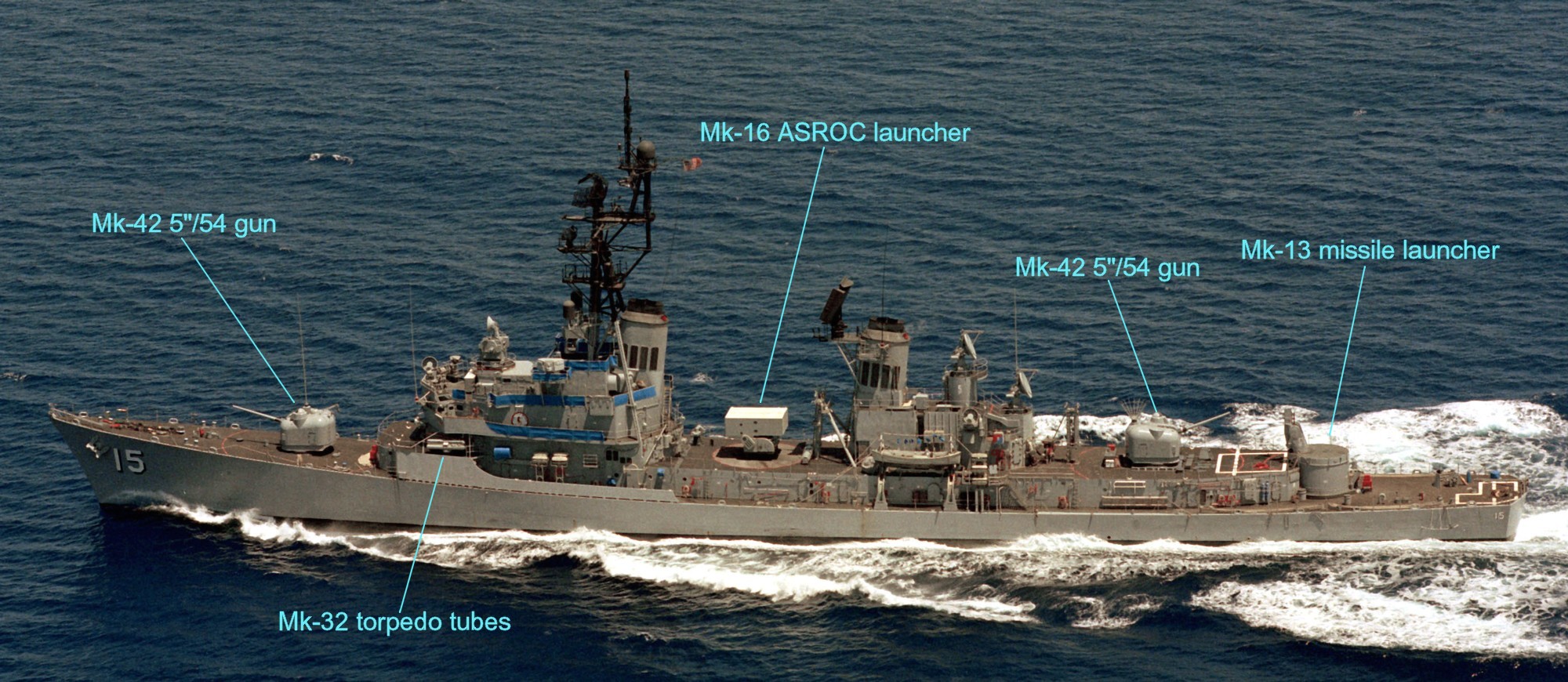 kimon class charles f. adams guided missile destroyer ddg armament mk-42 5"/54 gun mk-13 launcher standard harpoos sam ssm mk-15 asroc rur-5 torpedo