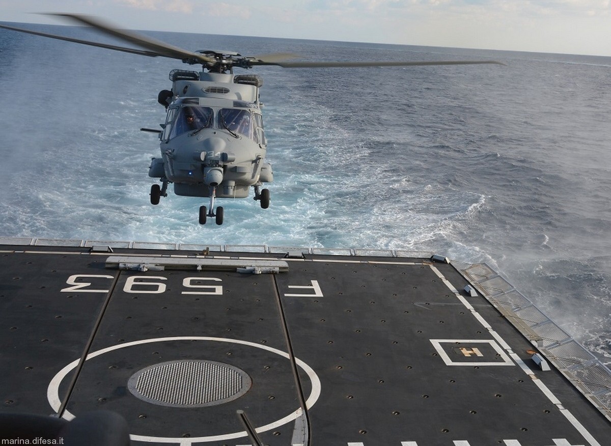 f-593 carabiniere its nave bergamini fremm class guided missile frigate italian navy marina militare 45 nh90 sh-90 helicopter flight deck