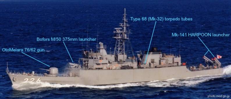 DE-226 JDS Ishikari destroyer escort armament Oto Melara 76 mm 62 caliber gun Mk-141 launcher RGM-84 Harpoon SSM Type 68 Mk-32 torpedo tubes Bofors M/50 375 mm ASW rocket launcher jmsdf