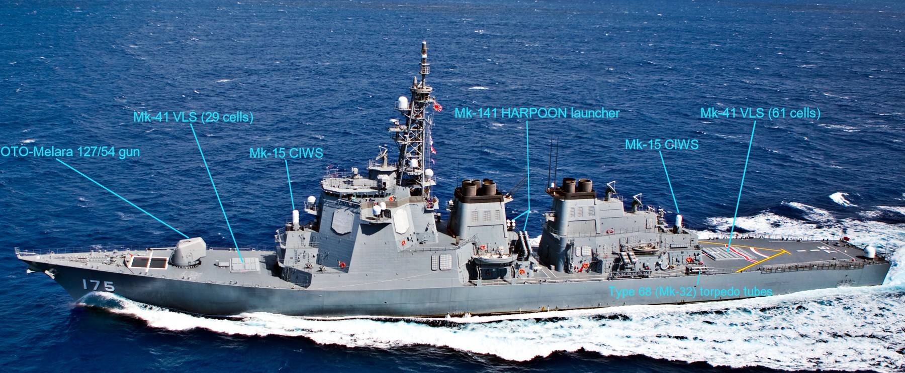 kongou class guided missile destroyer ddg armament oto melara 127/54 5 inch gun mk-41 vertical launching system vls standard missile sm-2 sm-3 vl-asroc mk-15 ciws mk-141 rgm-84 harpoon ssm type 68 mk-32 torpedo tubes 03