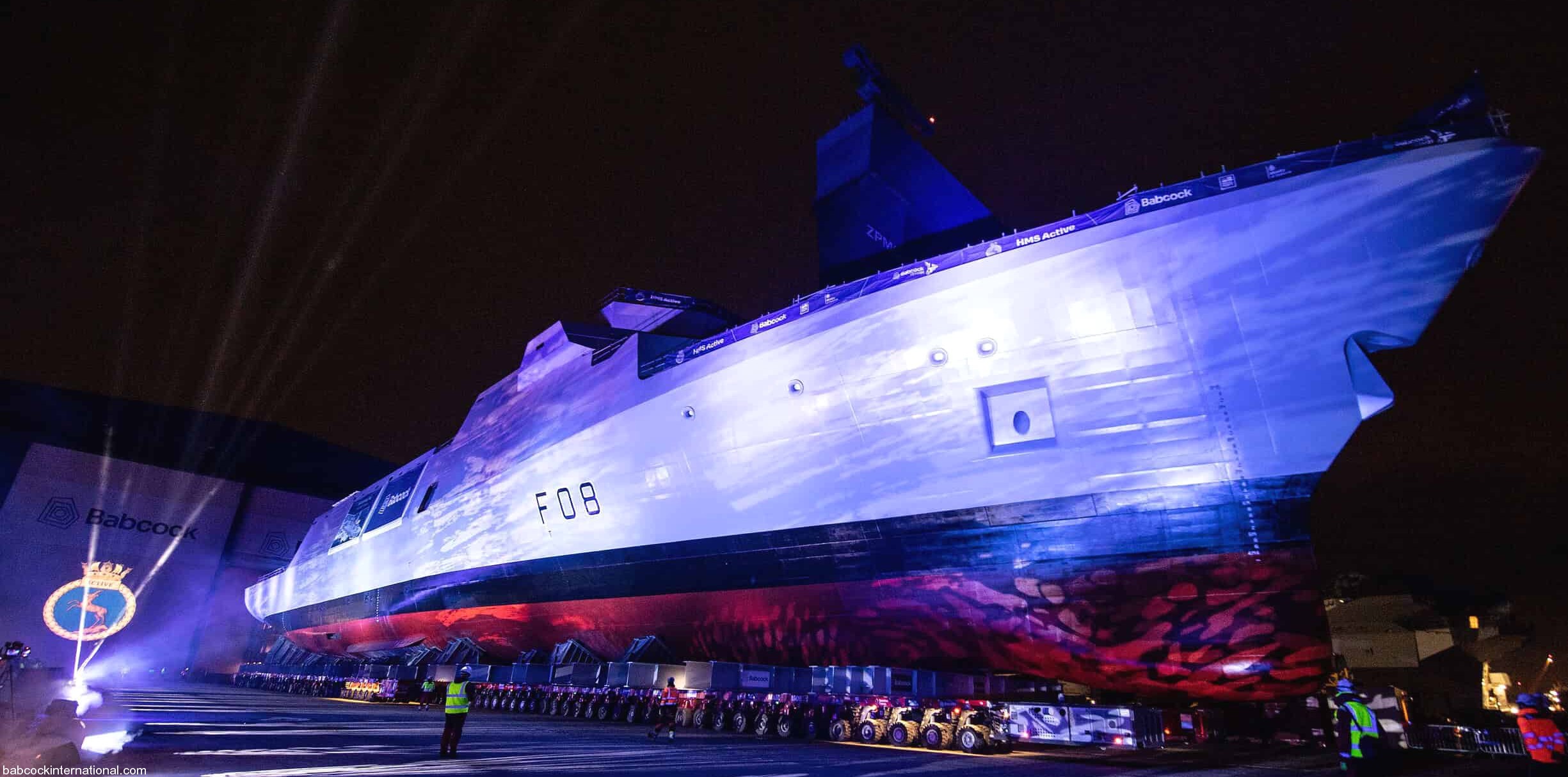 f08 hms active type 31 inspiration class general purpose frigate royal navy babcock roll-out rosyth february 2026