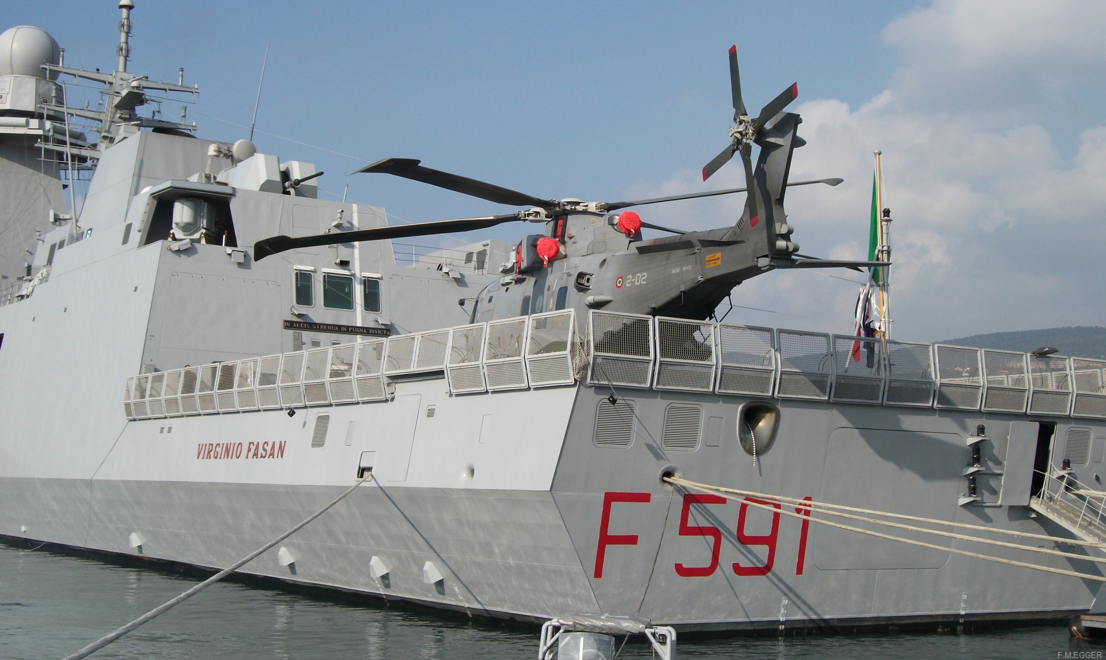 f-591 virginio fasan its nave bergamini fremm class guided missile frigate italian navy marina militare x34 eh-101 helicopter trieste port