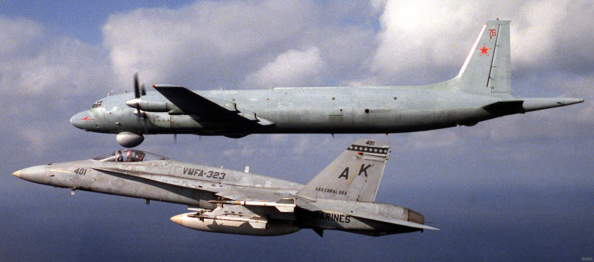 vmfa-323 death rattlers marine fighter attack squadron f/a-18a hornet cvw-13 uss coral sea cv-43 132 soviet ilyushin il-38 may