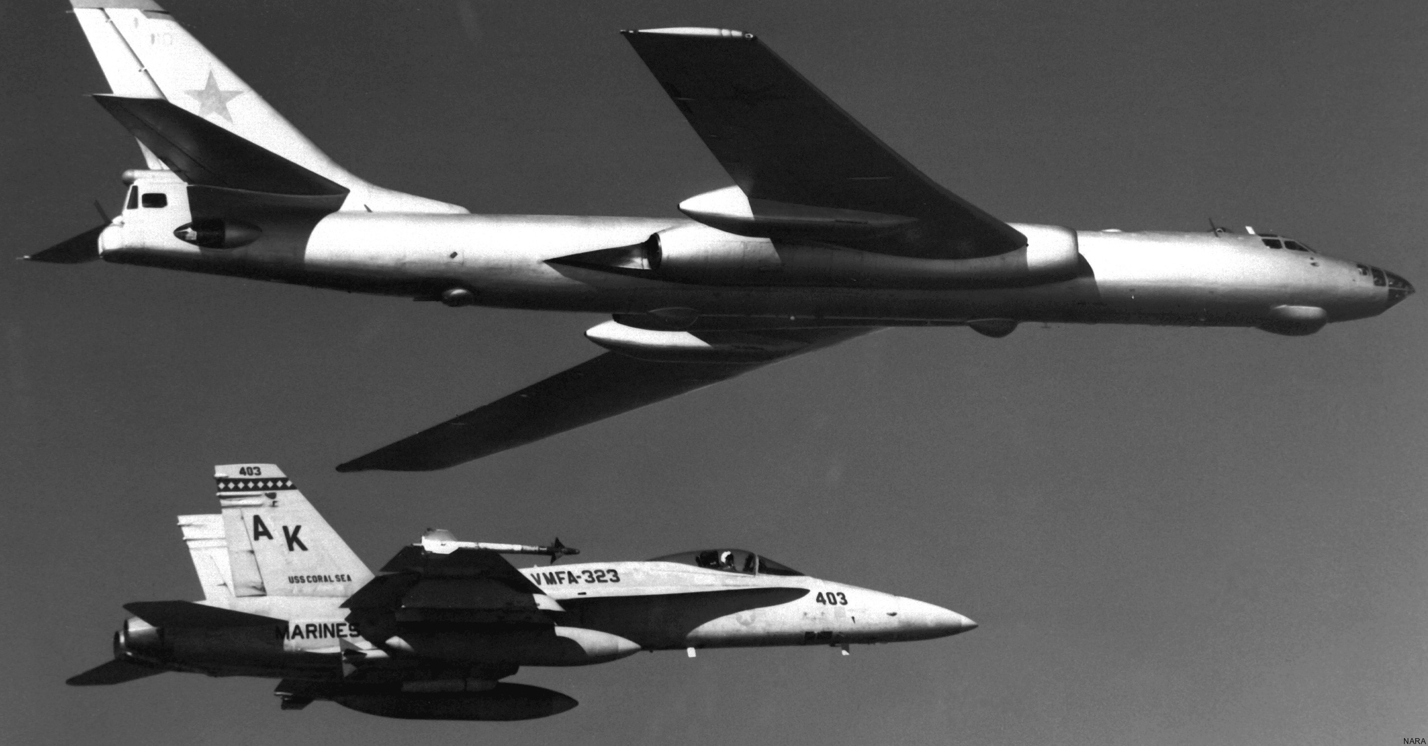 vmfa-323 death rattlers marine fighter attack squadron f/a-18a hornet cvw-13 uss coral sea cv-43 133 soviet tupolev tu-16 badger