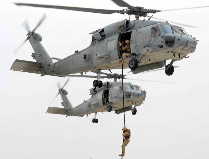 <em>HH-60H Seahawks of HSC-85 FIREHAWKS conduct fast-rope operations (U.S. Navy)</em>