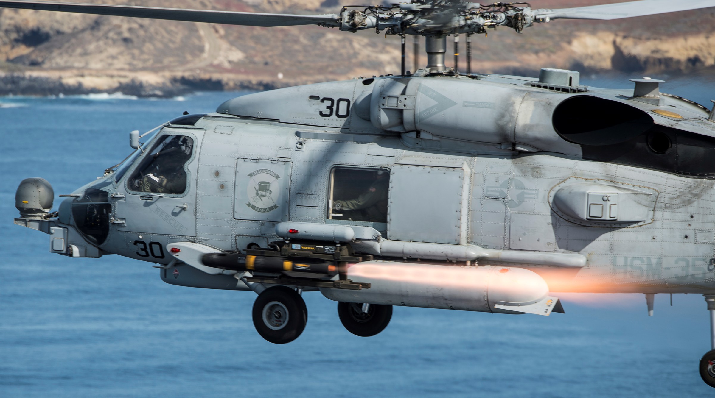 hsm-35 magicians helicopter maritime strike squadron mh-60r seahawk 08 agm-114mm hellfire missile firing