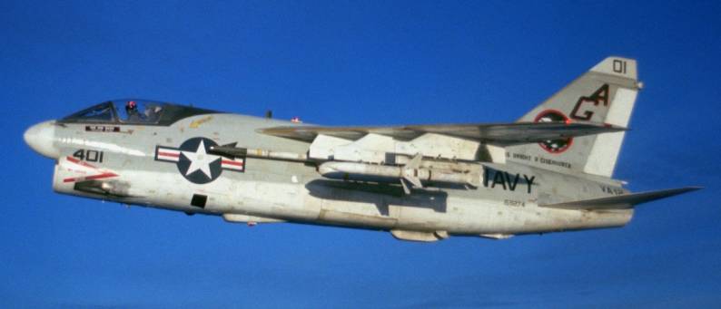 va-12 flying ubangis atkron a-7e corsair cvw-7 uss dwight d. eisenhower cvn 69 agm-45 shrike aim-9 sidewinder