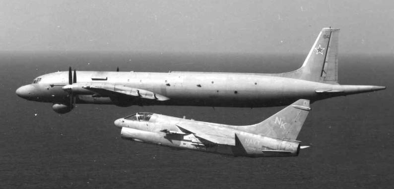 va-27 royal maces a-7e corsair escorting a sovjet il-38 aircraft