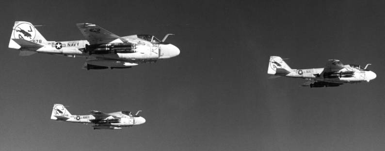 a-6e intruders of va-35 cvw-8 uss nimitz cvn 68 flying over nas fallon nevada 1981 attack squadron