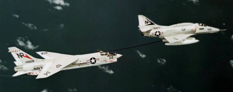 va-55 warhorses a-4f skyhawk cvw-21 refueling a f-8e crusader of vf-211