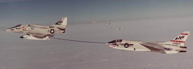 attack squadron va-55 warhorses a-4f skyhawk refueling a rf-8g crusader of vfp-63
