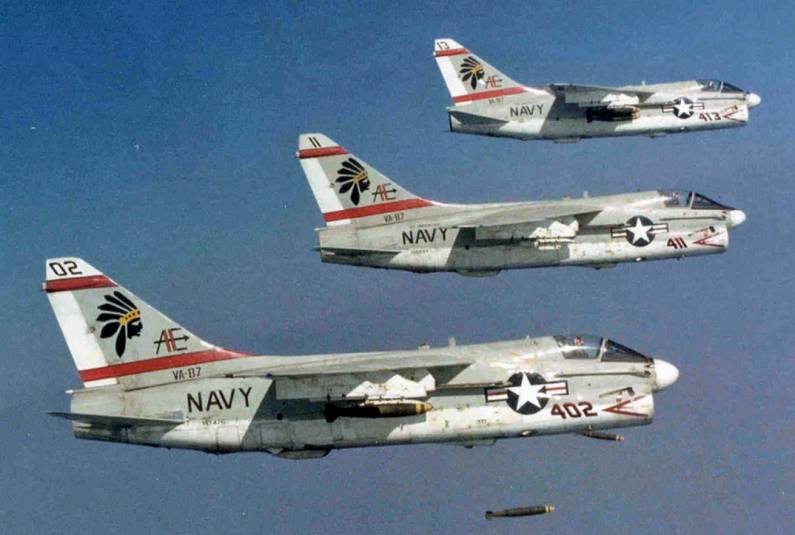 attack squadron va-87 golden warriors a-7e corsair cvw-6 uss independence cv 62 dropping bombs