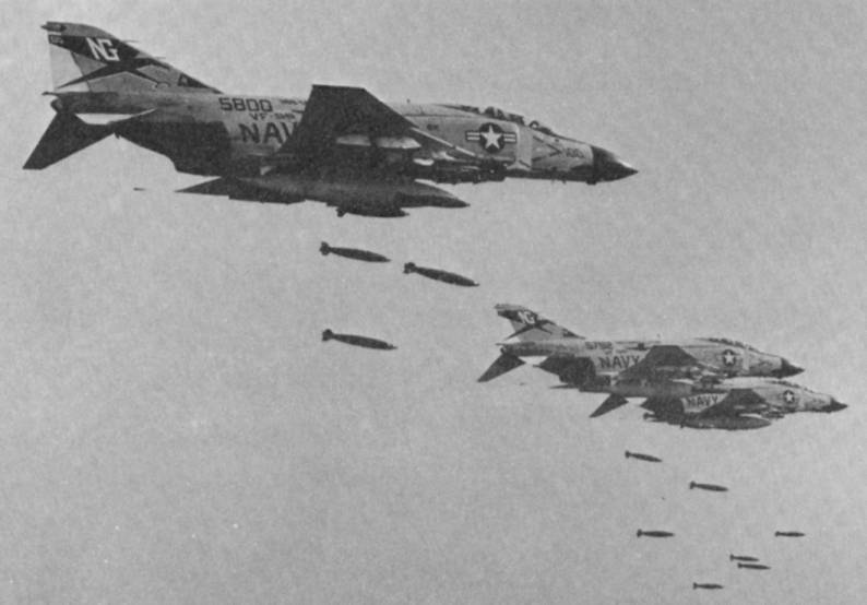 fighter squadron vf-96 fighting falcons f-4j phantom dropping bombs over vietnam war