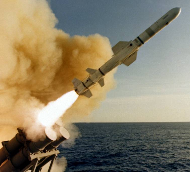 cg 16 uss leahy fires a rgm-84 harpoon ssm from mk 141 missile launcher