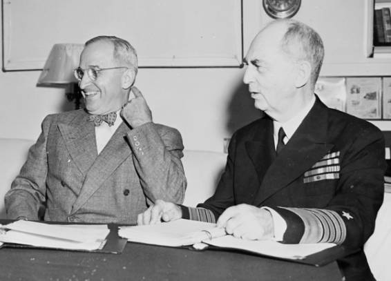 admiral william d. leahy with president harry s. truman aboard uss augusta