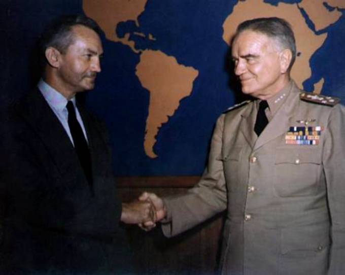 Secretary of the Navy (SECNAV) James Forrestal with Admiral William Frederick Halsey