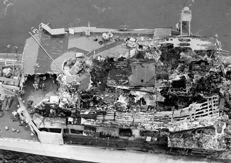 USS Belknap CG 26 - guided missile cruiser - damaged after a collision with USS John F. Kennedy - Sicily, November 1975