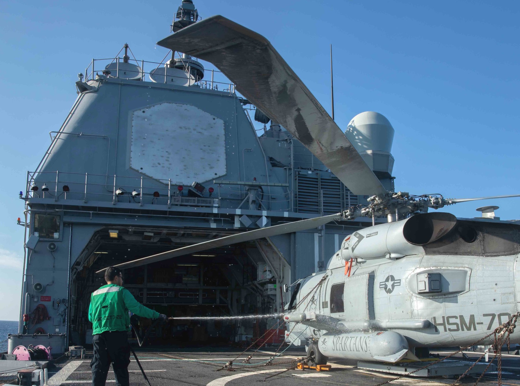cg-60 uss normandy ticonderoga class guided missile cruiser aegis us navy hangar helicopter 145