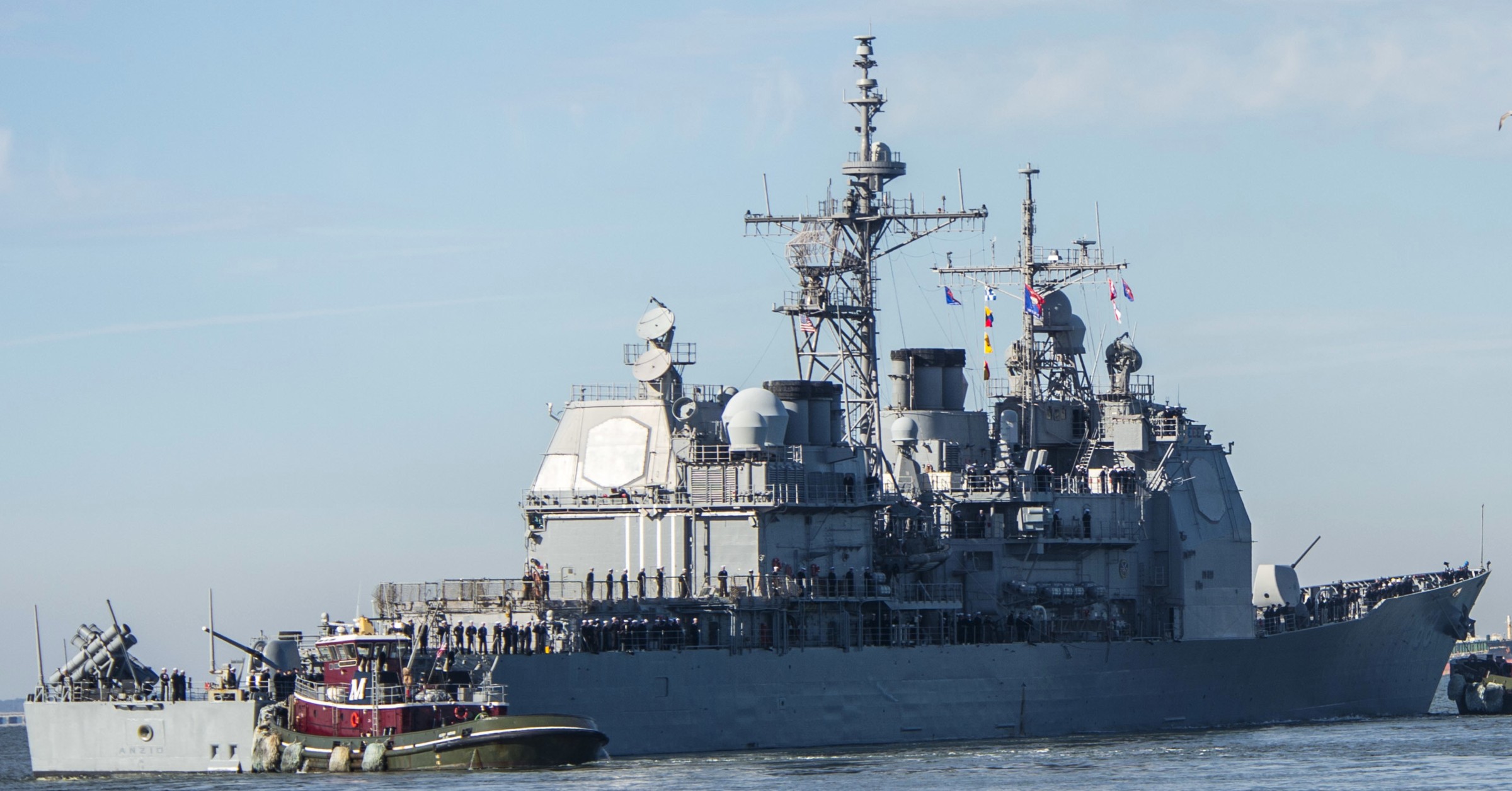 cg-68 uss anzio ticonderoga class guided missile cruiser aegis us navy 44 departing naval station norfolk virginia