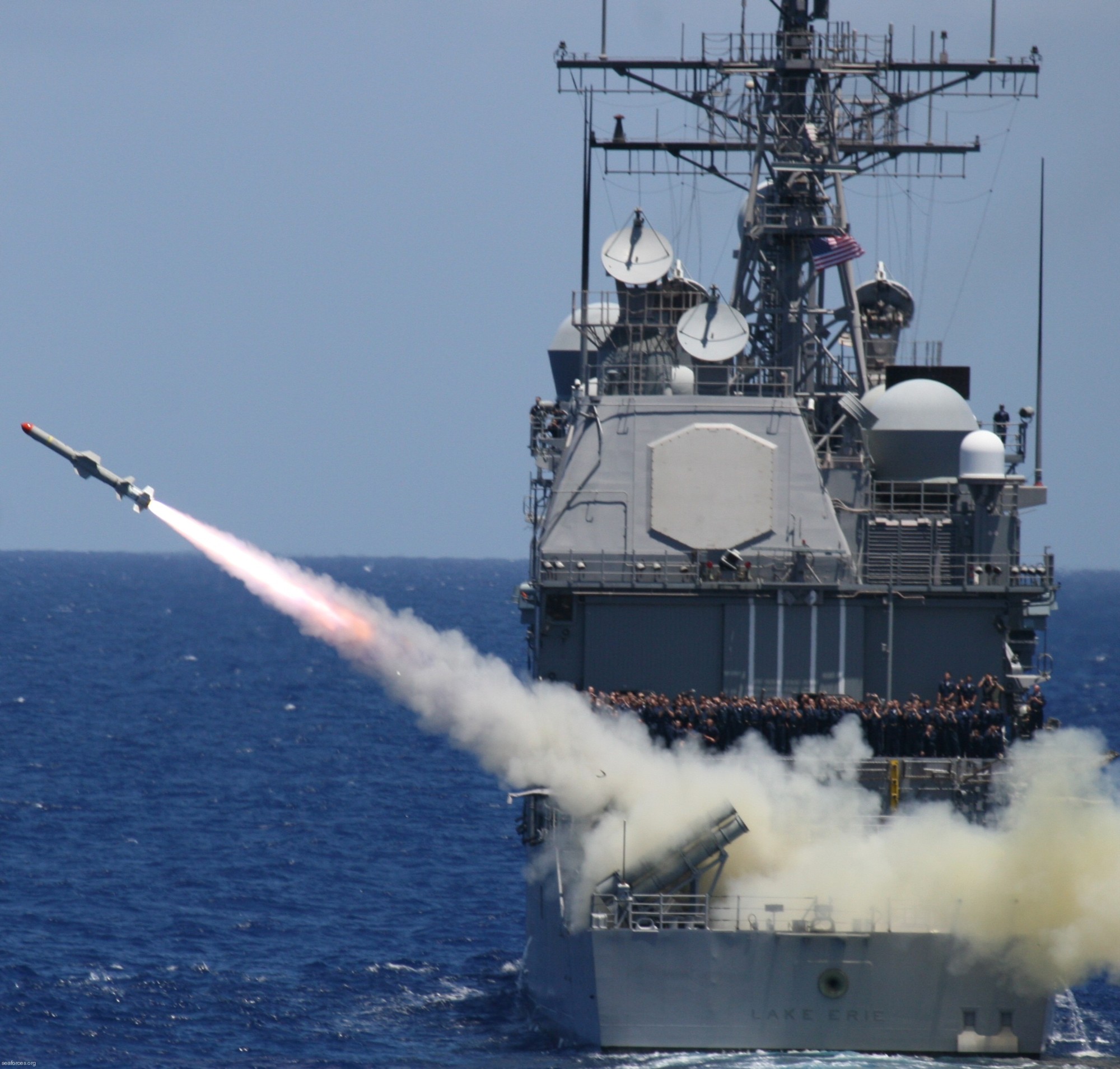 cg-70 uss lake erie ticonderoga class guided missile cruiser navy 44 rgm-84 harpoon ssm missile launch