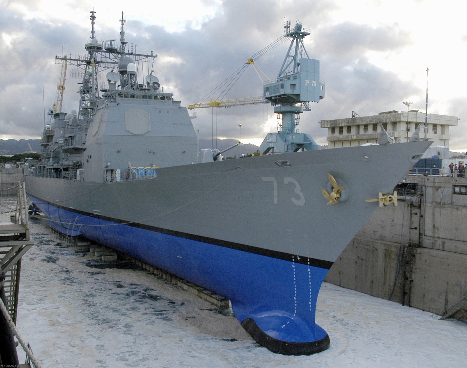 cg-73 uss port royal ticonderoga class guided missile cruiser navy 21 dry dock pearl harbor hawaii