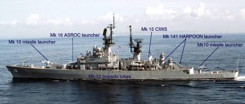 leahy class guided missile cruiser armament mk 10 missile launcher mk 16 asroc launcher mk 32 torpedo tubes mk 15 ciws mk 141 harpoon launcher