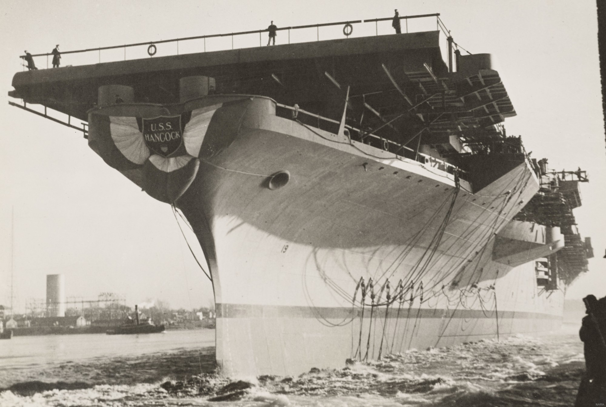 cva-19 uss hancock cv essex class aircraft carrier 50 launching ceremony bethlehem steel quincy ms