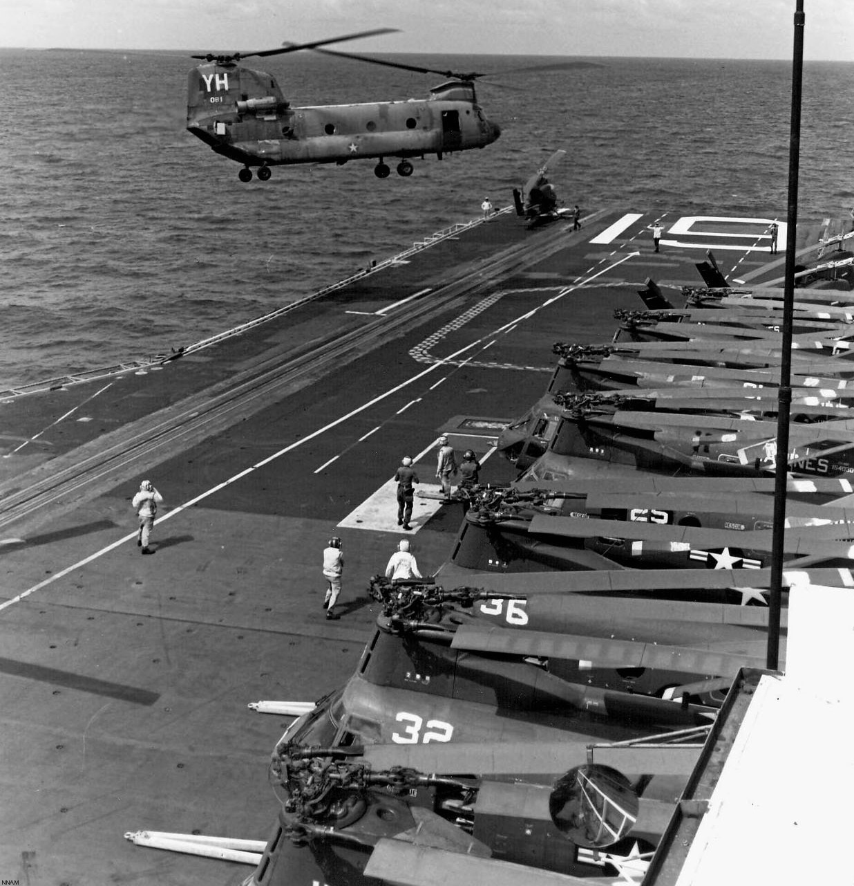 cva-19 uss hancock cv essex class aircraft carrier us navy operation frequent wind evacuation saigon vietnam 1975 107 ch-46 chinook helicopter uh-1 huey