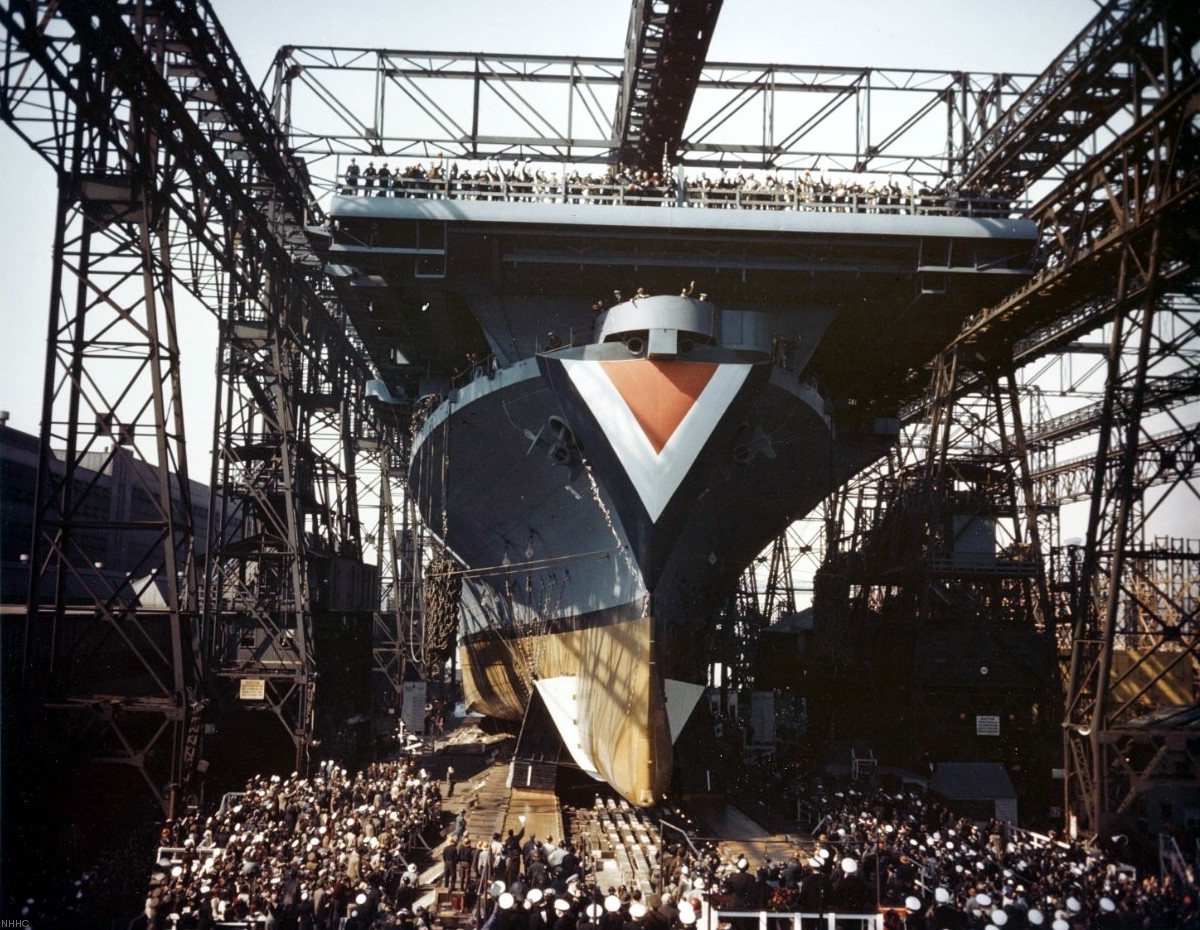 cv-31 uss bon homme richard essex class aircraft carrier launching ceremony new york navy yard brooklyn 02