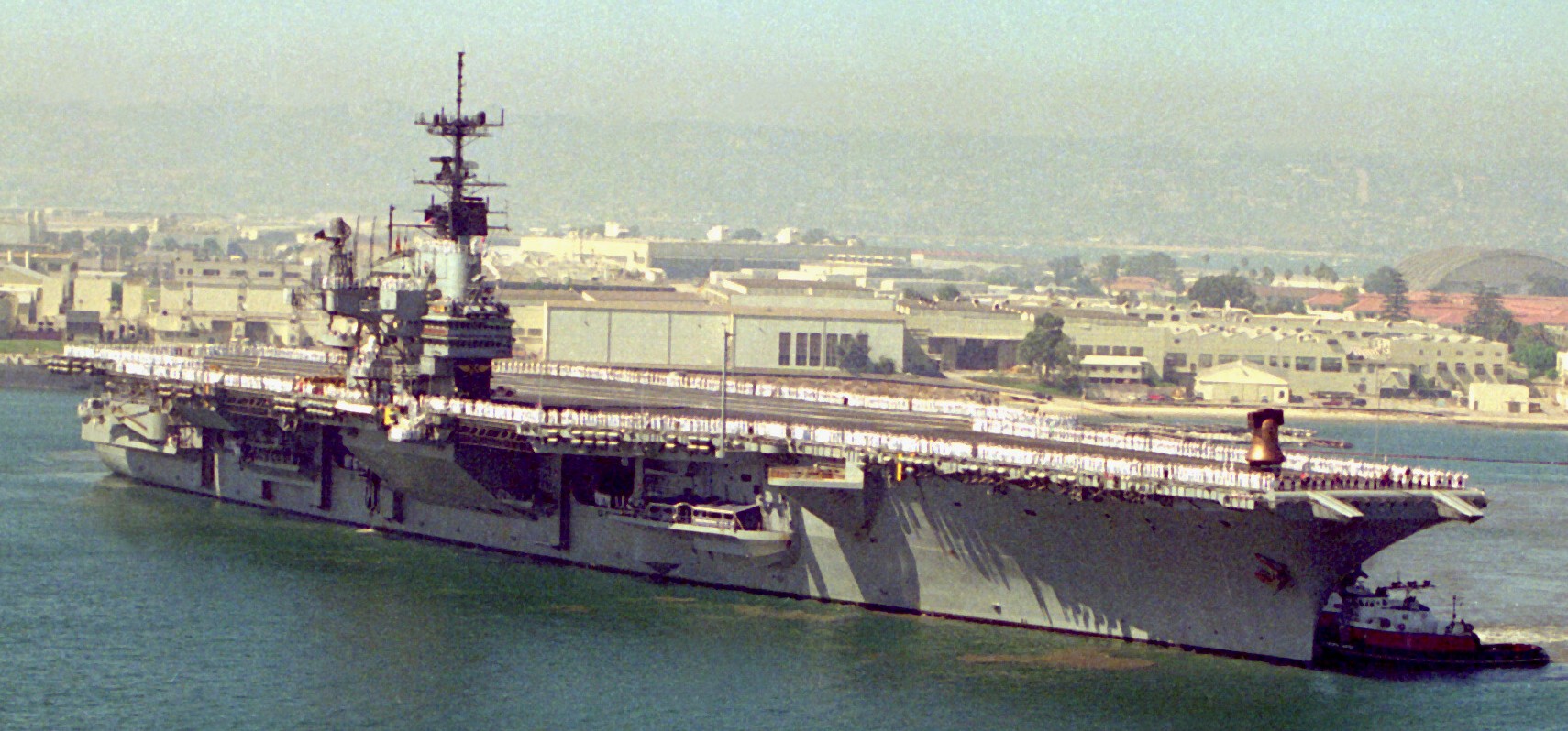 uss independence cv-62 forrestal class aircraft carrier arriving nas north island california 1988 74