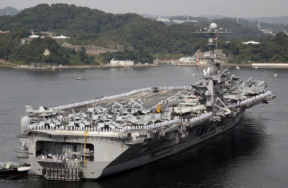 cvn-73 uss george washington nimitz class aircraft carrier air wing cvw-5 arriving yokosuka fleact 37