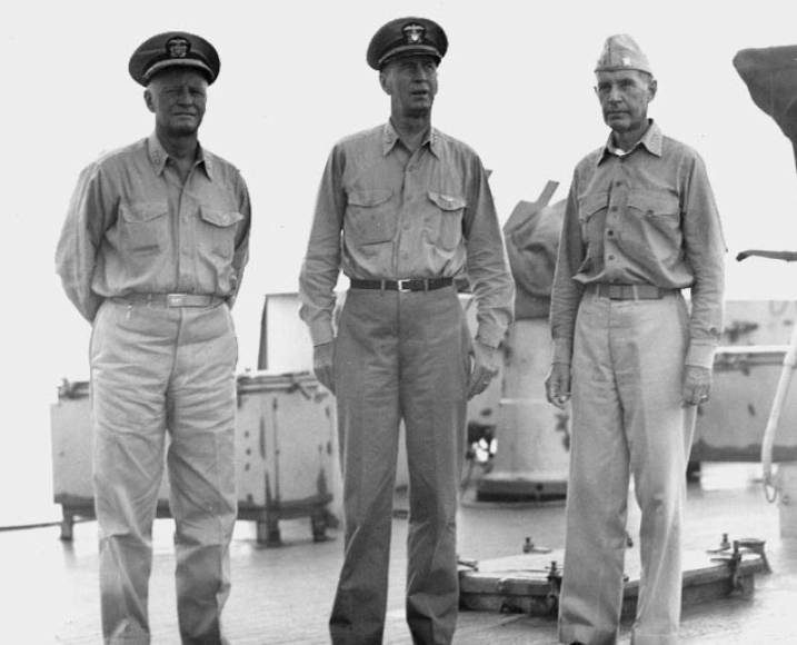 Admiral Chester W. Nimitz, Ernest J. King and Raymond A. Spruance aboard USS Indianapolis CA-35