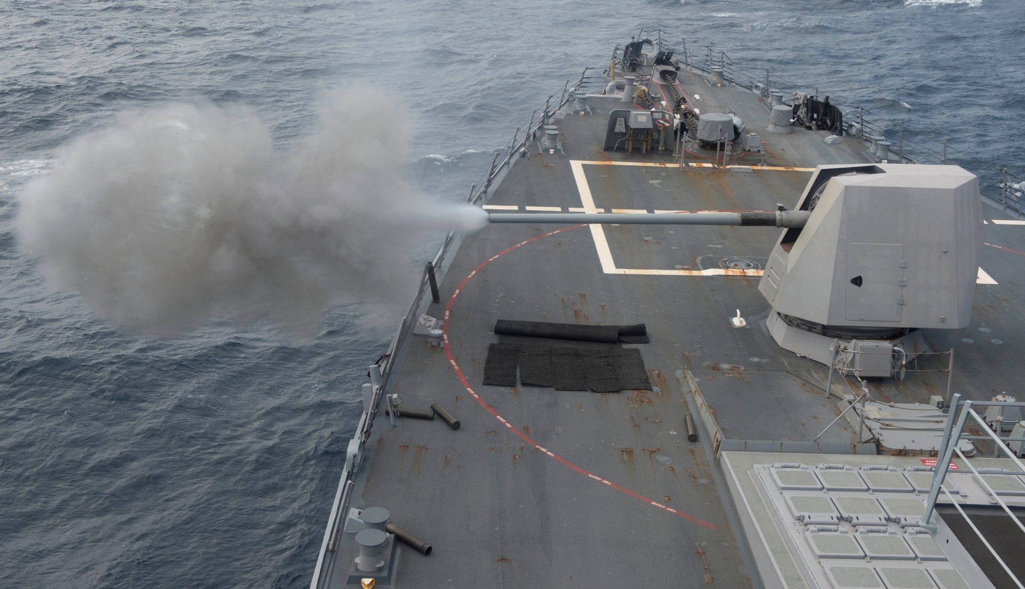 ddg-107 uss gravely arleigh burke class guided missile destroyer aegis us navy mk.45 gun fire 06p