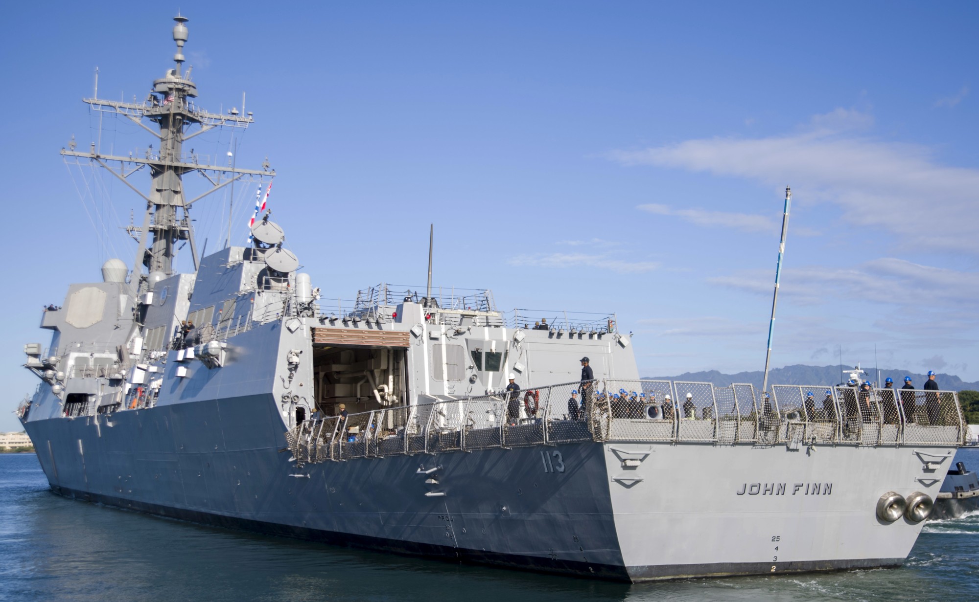 ddg-113 uss john finn arleigh burke class guided missile destroyer us navy aegis 25 departing pearl harbor