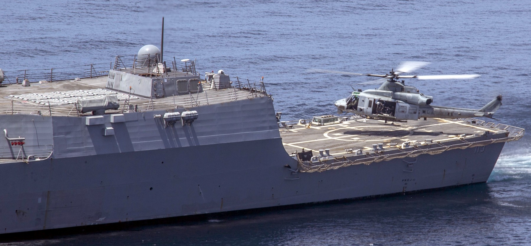 ddg-113 uss john finn arleigh burke class guided missile destroyer us navy aegis 36 uh-1y venom helicopter usmc