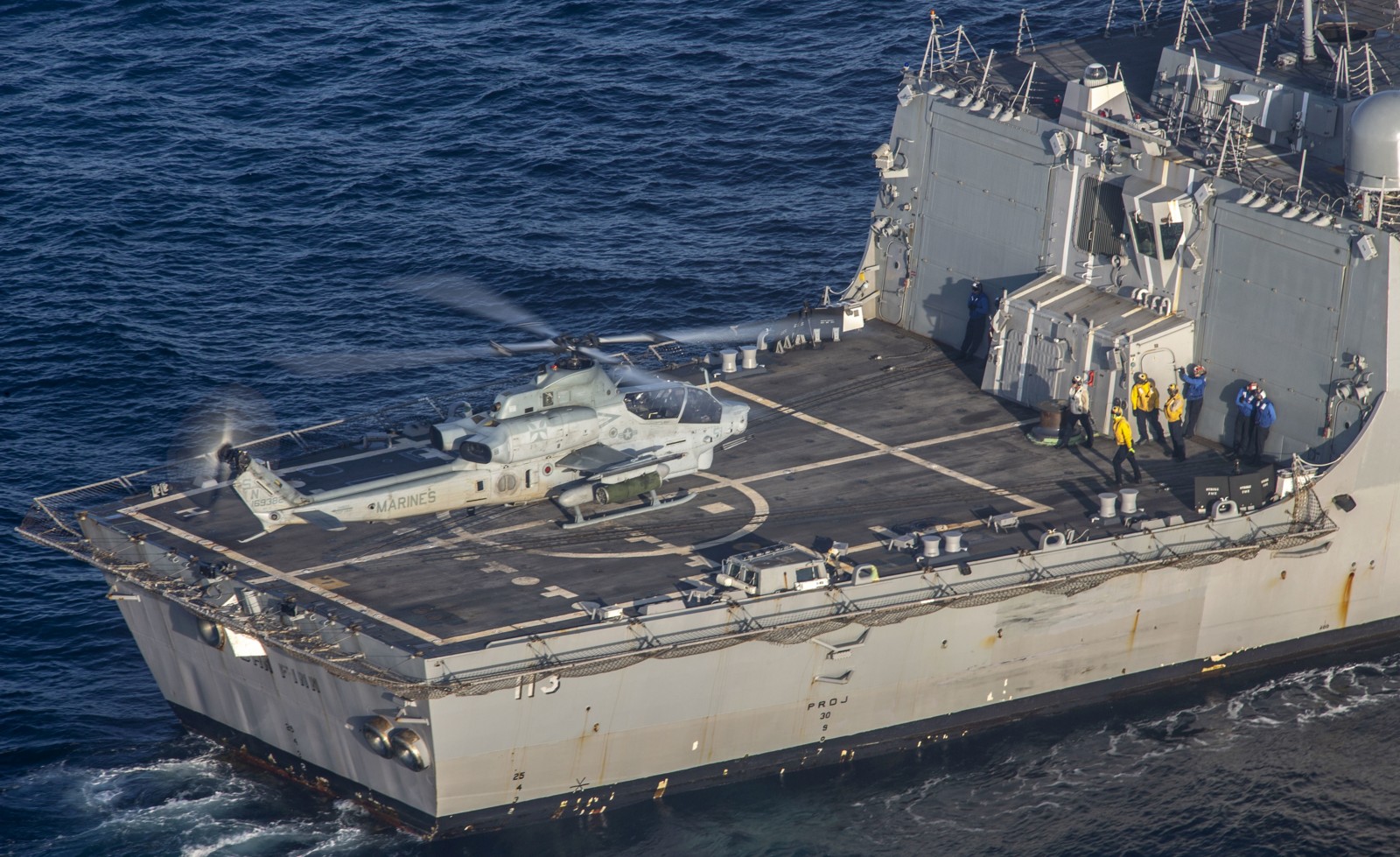 ddg-113 uss john finn arleigh burke class guided missile destroyer us navy aegis 37 ah-1z viper helicopter