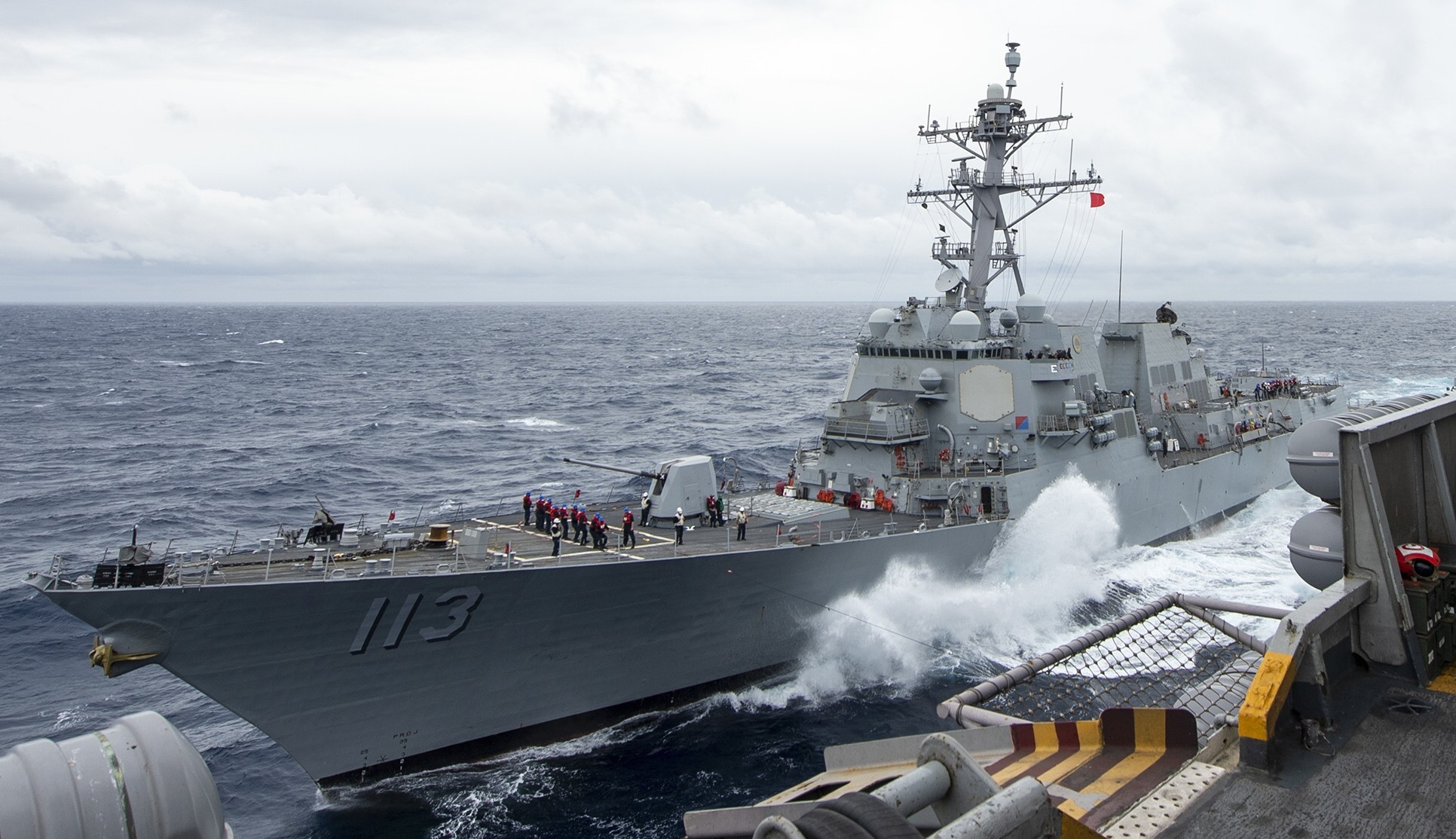ddg-113 uss john finn arleigh burke class guided missile destroyer us navy aegis 42 replenishment at sea
