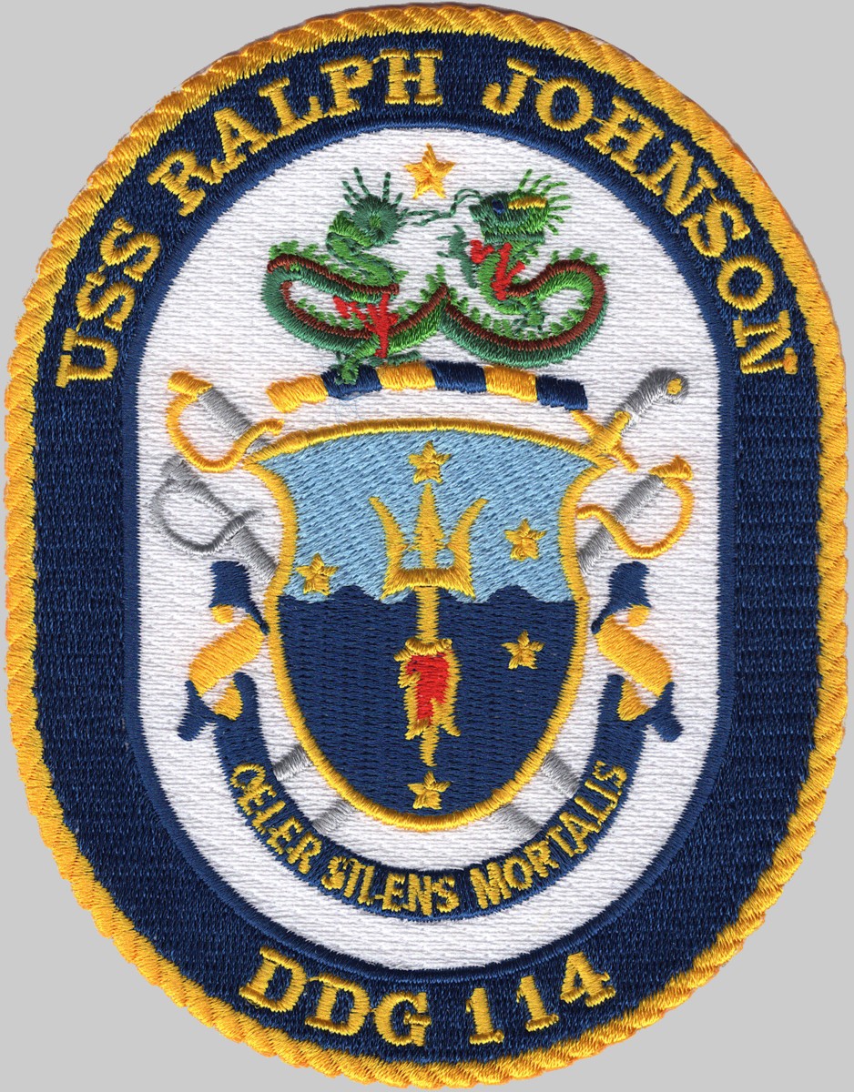 ddg-114 uss ralph johnson insignia crest patch badge arleigh burke class guided missile destroyer us navy aegis 02p