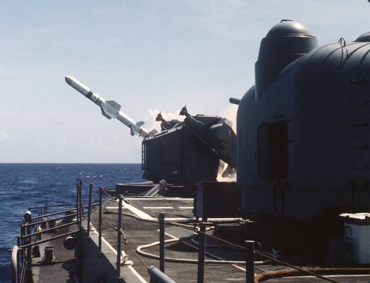 DDG-4 USS Lawrence fires a RGM-84 Harpoon anti ship missile