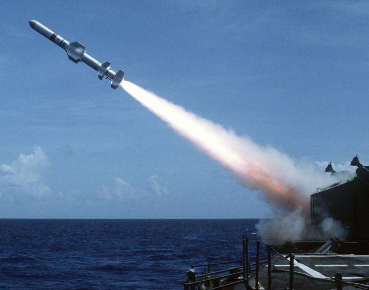 DDG-4 USS Lawrence fires a RGM-84 Harpoon