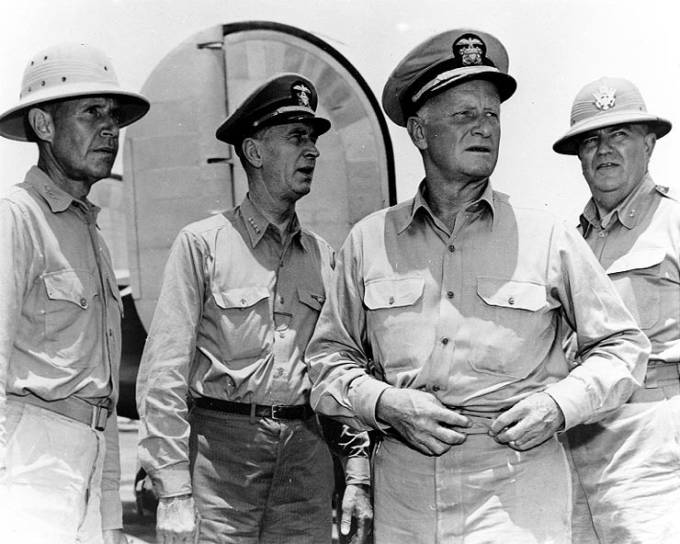 Admiral Raymond A. Spruance, Ernest J. King, Chester W. Nimitz with Brigadier General Sanderford Jarman (US Army)
