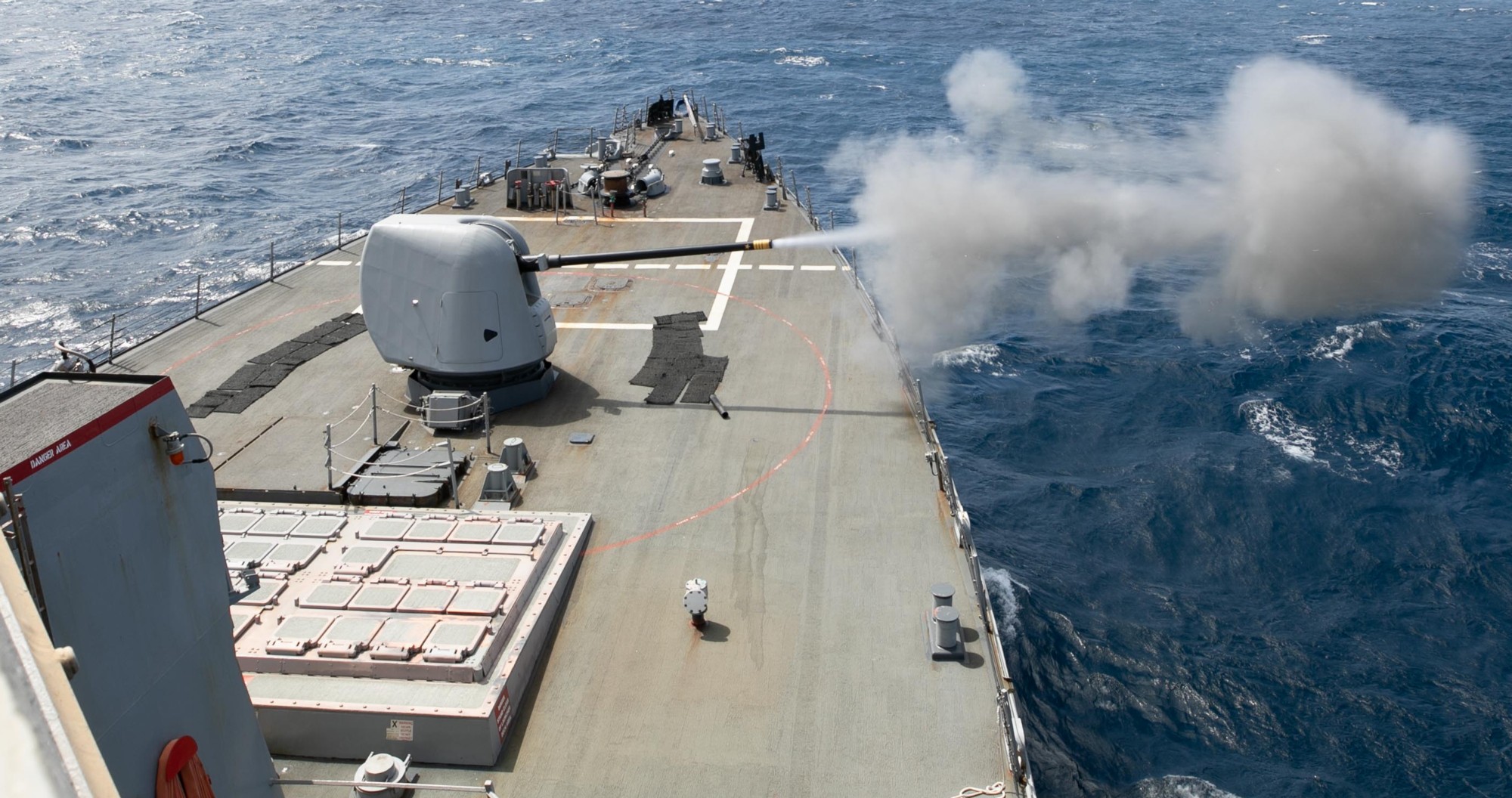uss arleigh burke ddg-51 guided missile destroyer mk.45 mod.2 gun fire atlantic ocean 2023