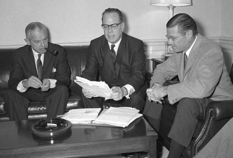 SECNAV Paul H. Nitze with senator Thomas H. Kuchel and Robert S. McNamara