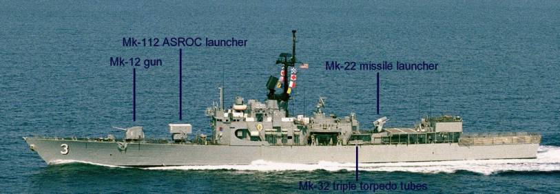 Brooke class guided missile frigate FFG armament Mk-112 ASROC launcher, Mk-12 gun, Mk-32 triple torpedo tubes, Mk-22 missile launcher